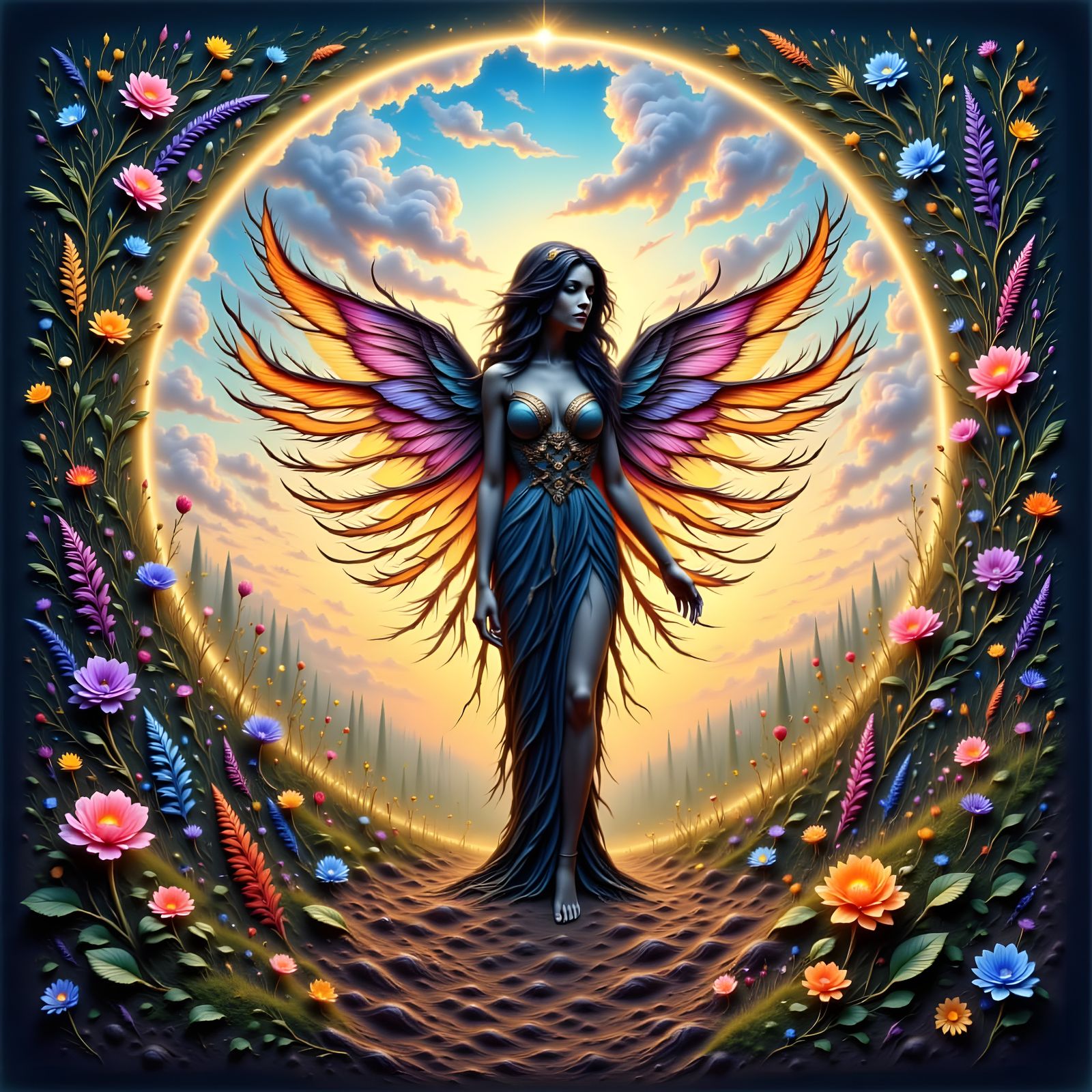 Golden Twilight Earth Maiden with Wings in Vivid Hues