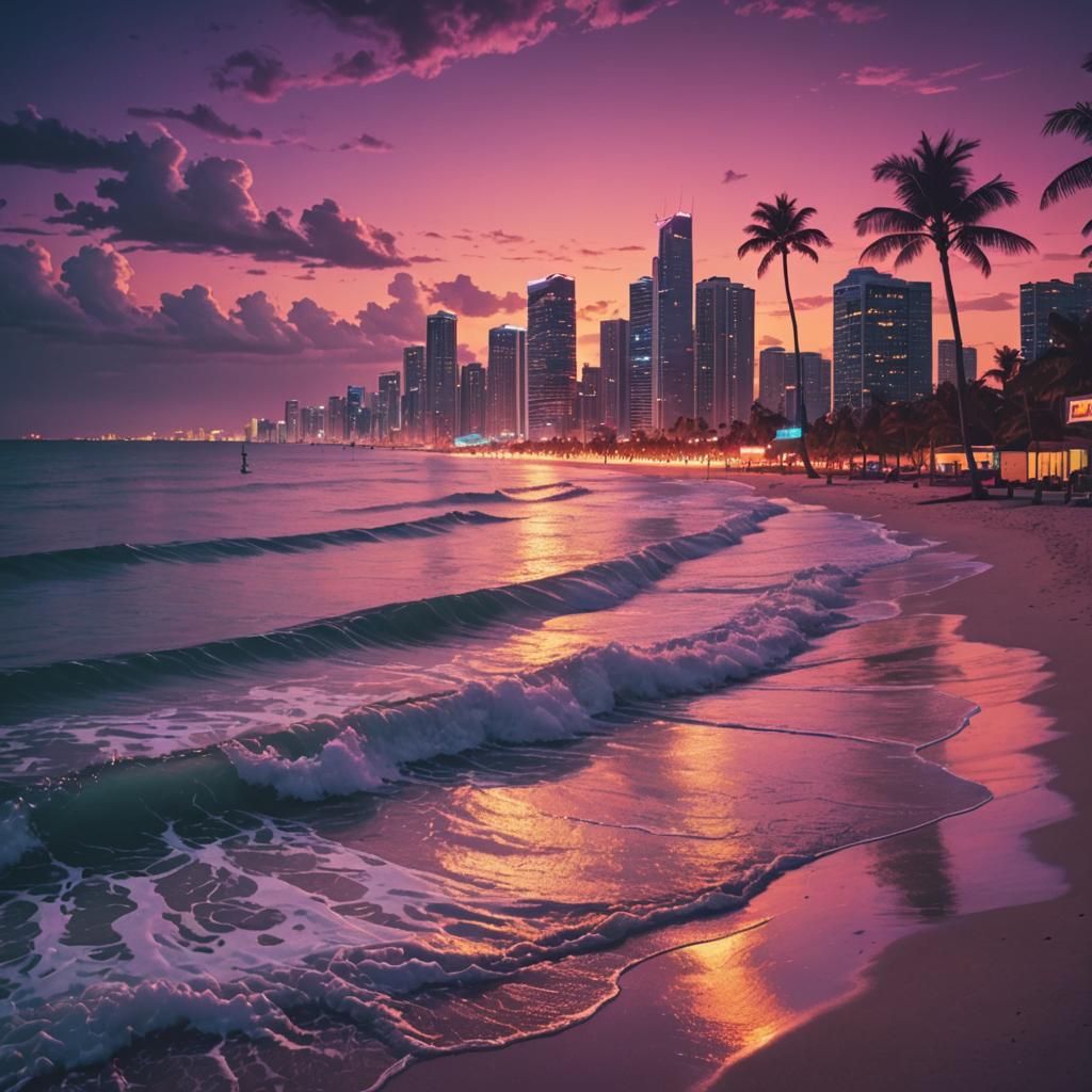 Miami Beach Sunset in Synthwave Neon Style