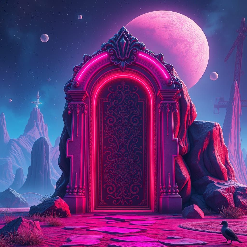 Mysterious Door in Surreal Neon Landscape