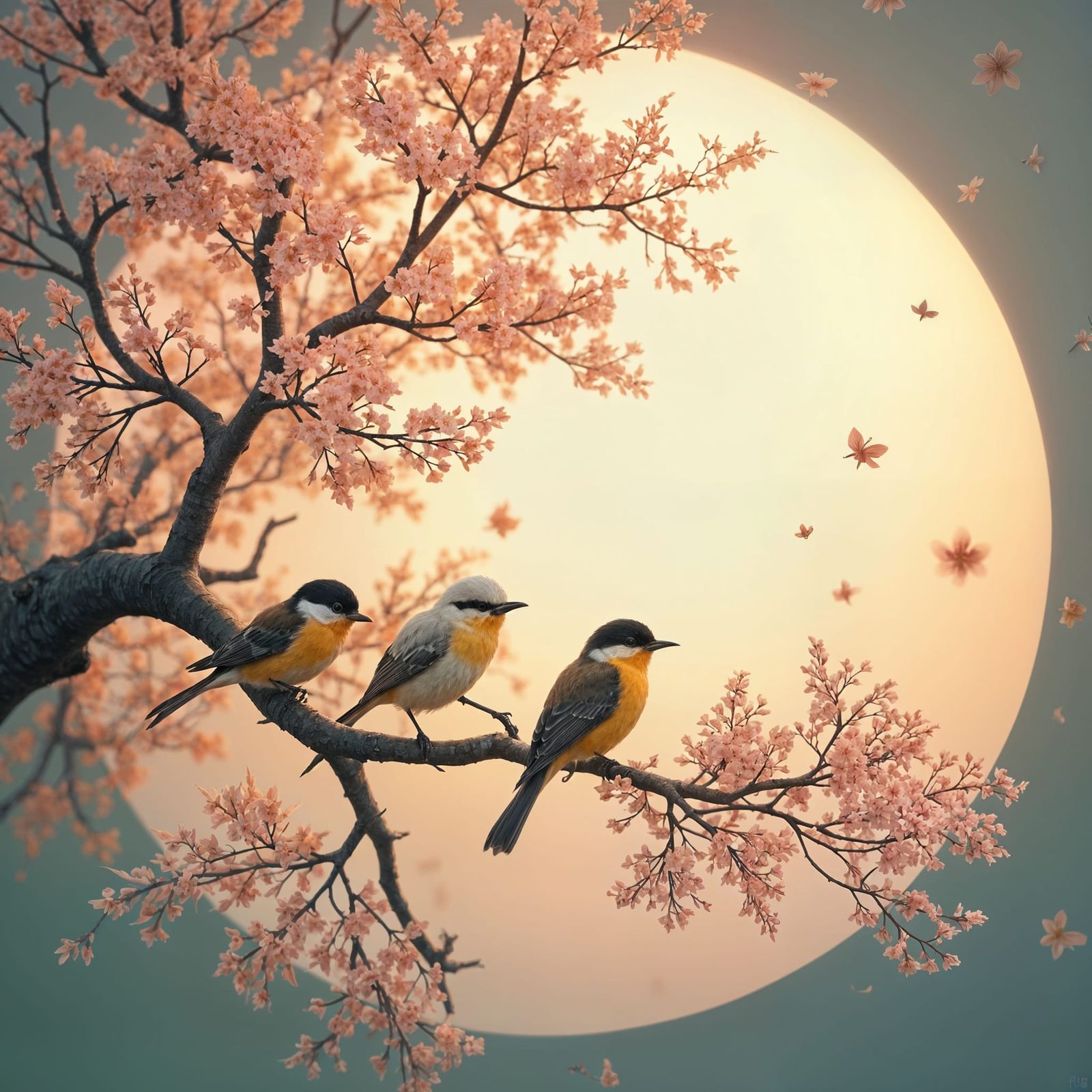 Japandi Songbirds with Cherry Blossoms in Anime Style