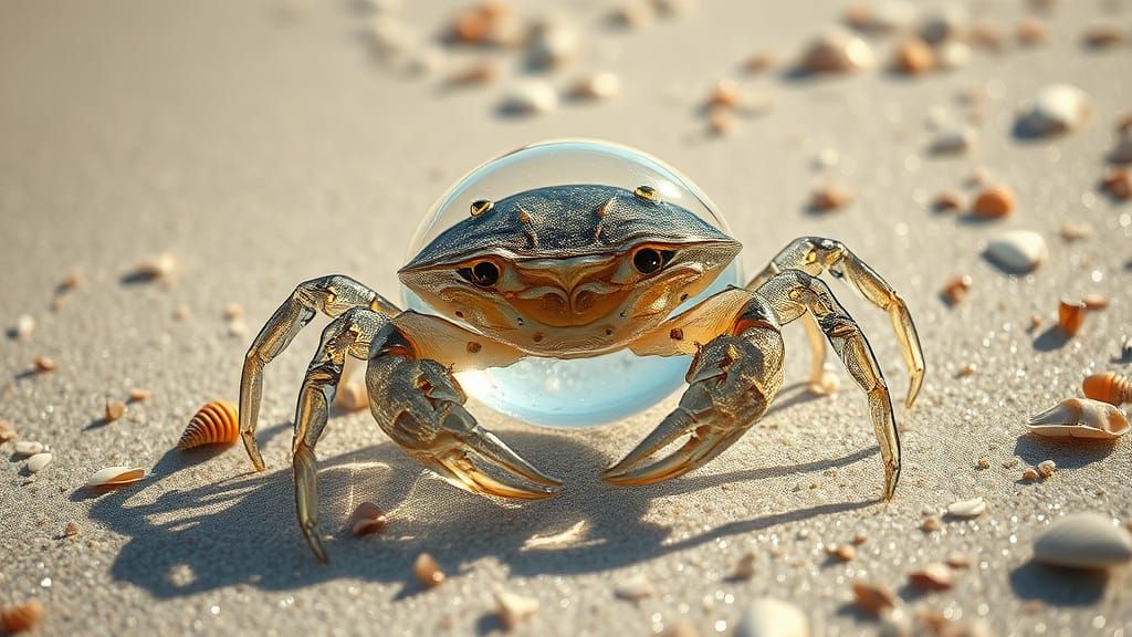 Surrealist Crab Emerges from Ocean Bubbles on a Pristine Bea...