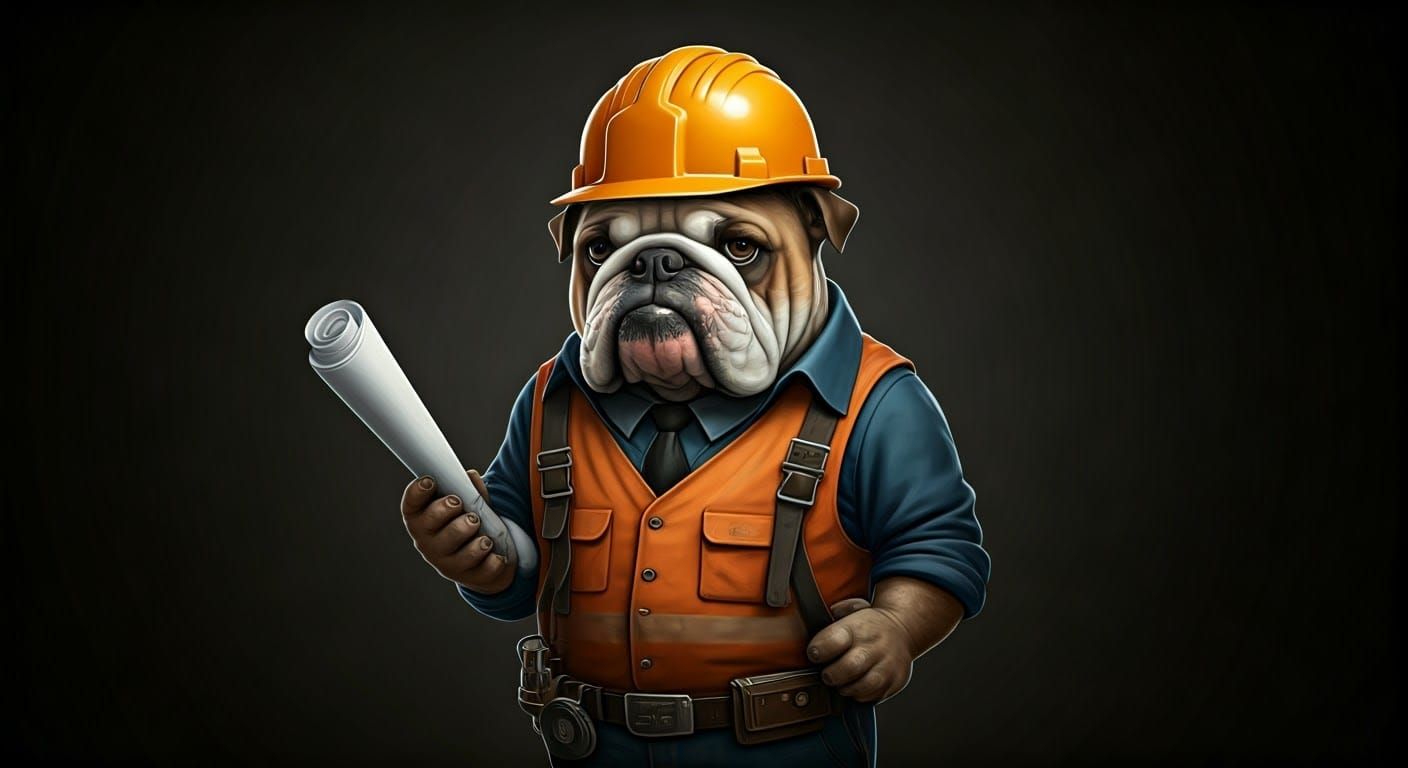 Mighty Bulldog Foreman in Hard Hat and Blueprint