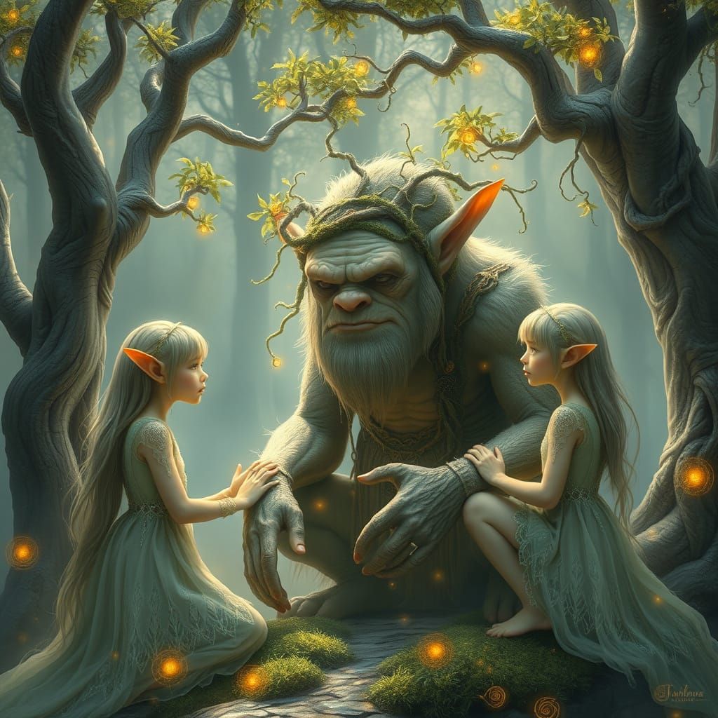 Whimsical Elves Comfort a Gentle Troll in Enchanted Lothlori...
