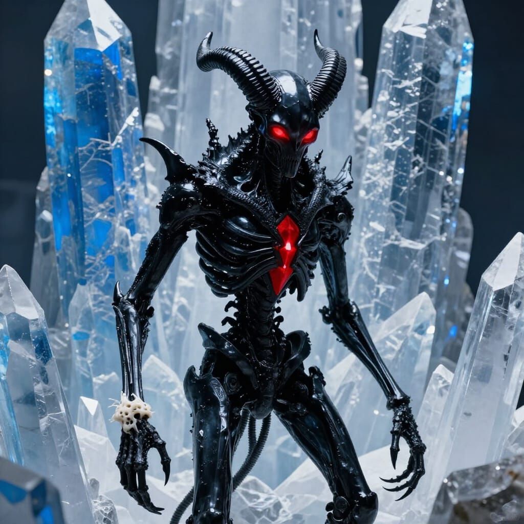 Skeletal Figure Between Crystalline Pillars