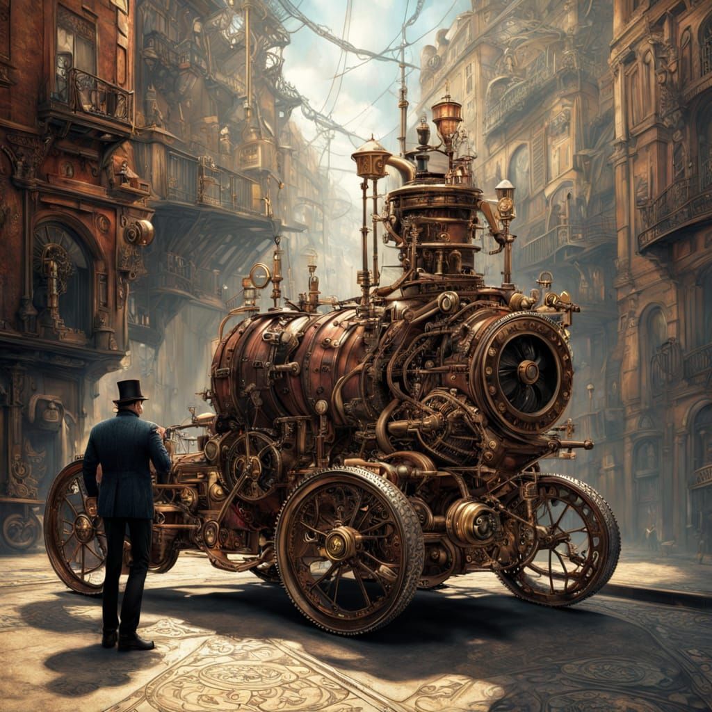 Steampunk Car on Victorian Street: Digital Matte Painting