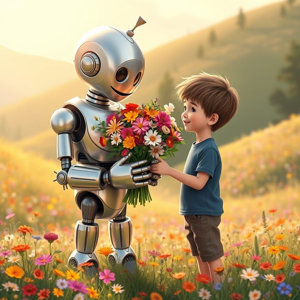 Robot Offers Flowers to Boy in Lush Valley Illustration