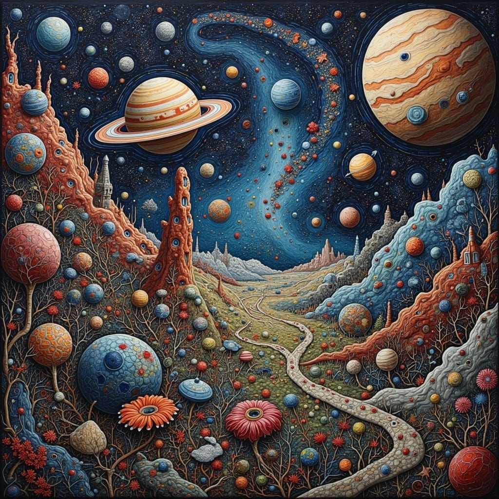 Vibrant Space Garden Oil Painting with Planets