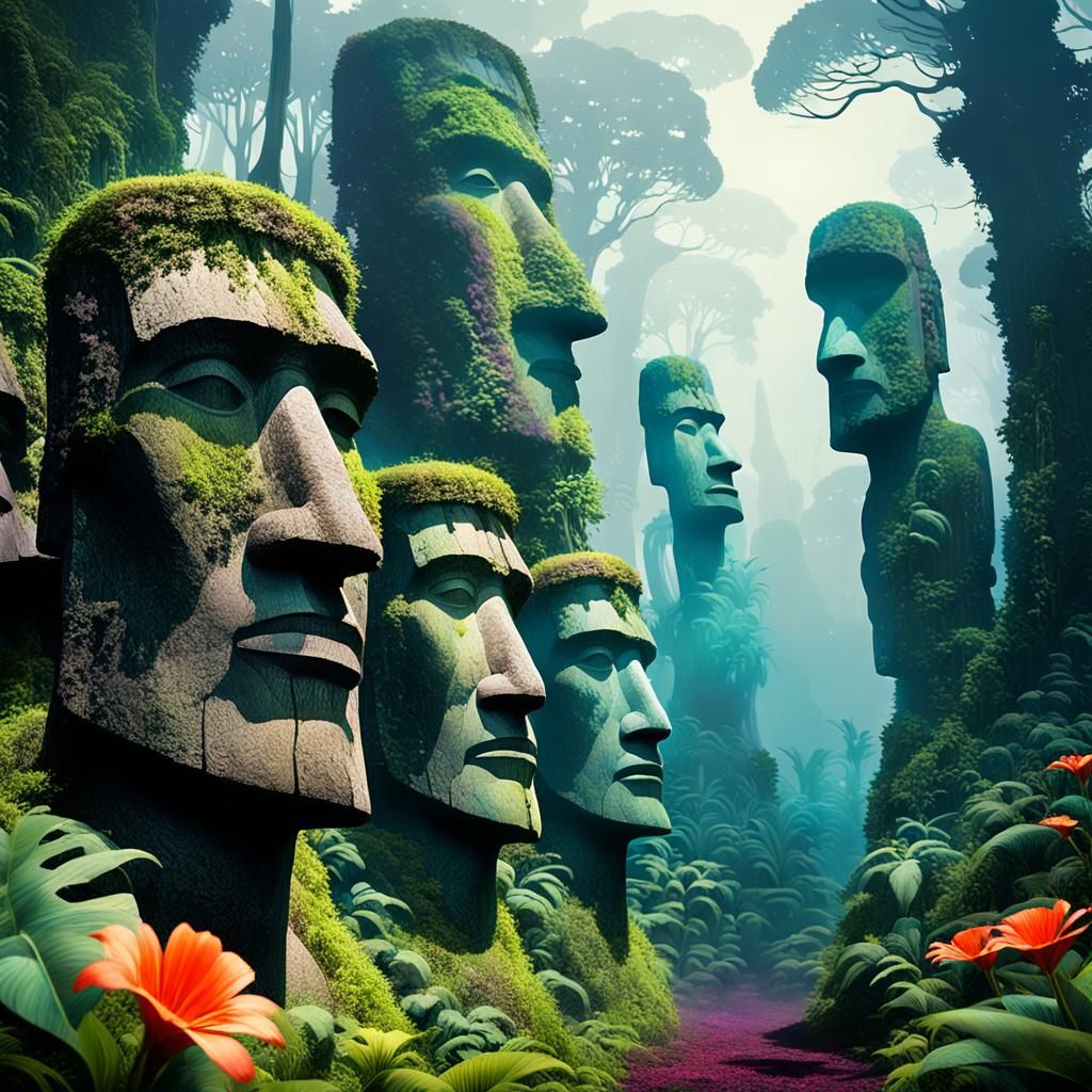 Mystical Easter Island Heads in Lush Forest