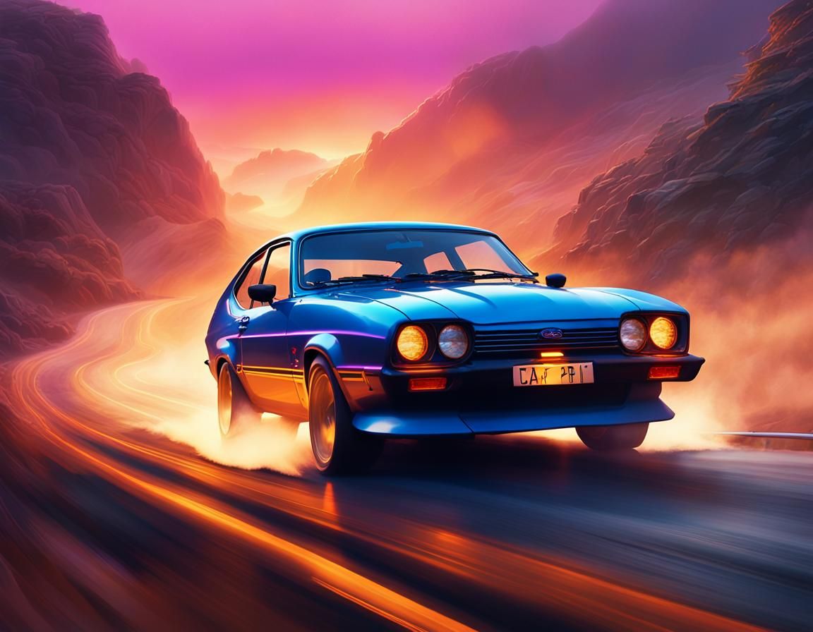 Ford Capri Races on Misty Road in Fantasy Art