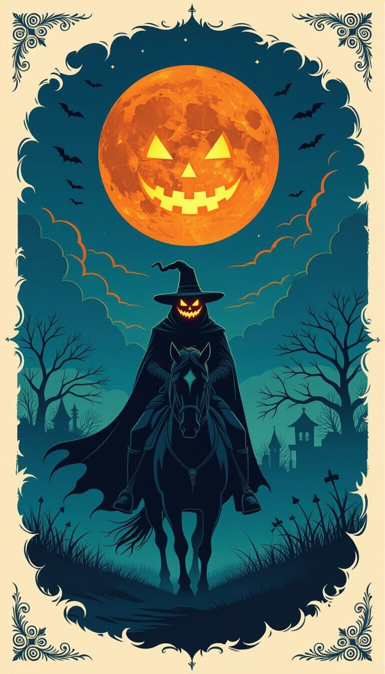 Headless Horseman with Flaming Jack-o-Lantern Head, Blood Mo...