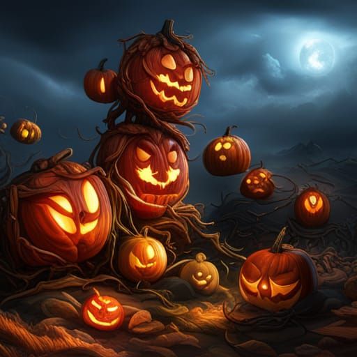 Pumpkins Pile: Detailed Matte Painting in Deep Color