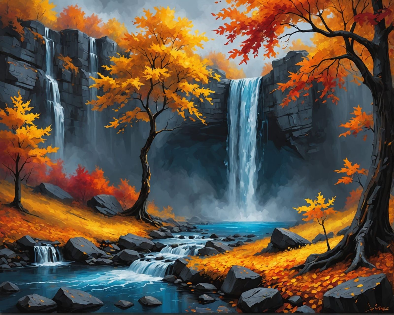 Autumn Tree by Blue Waterfall: A Digital Fantasy Painting