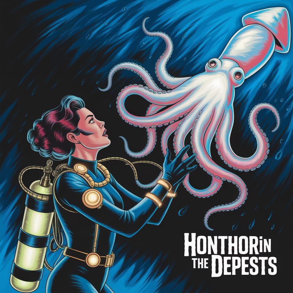 A glamorous deep-sea diver, encountering an incandescent, co...