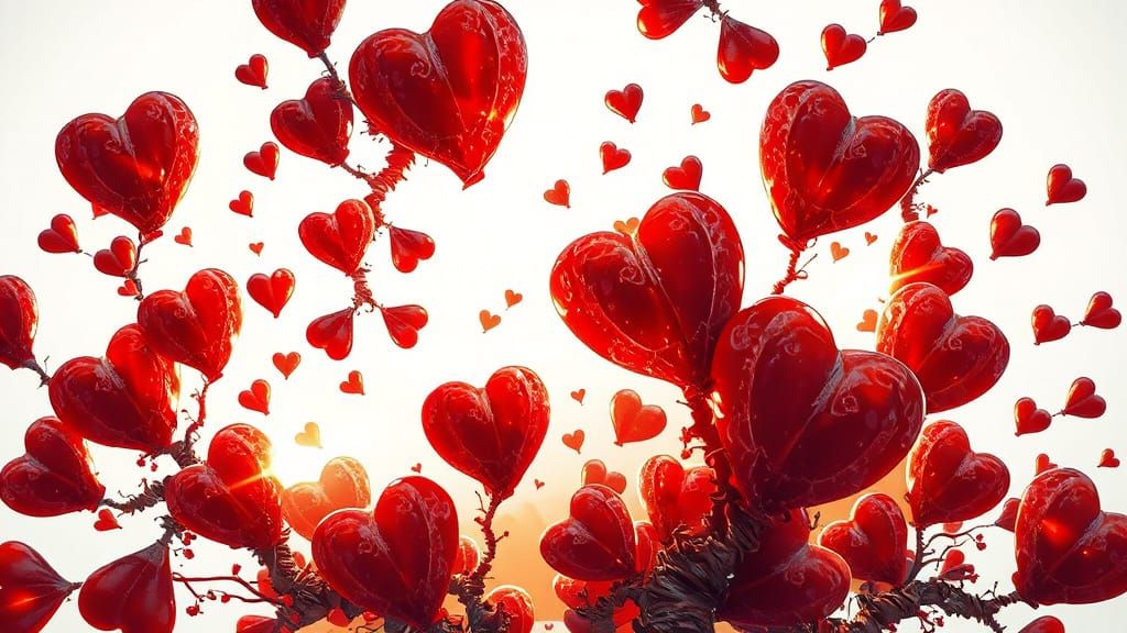 Fractal Heart Blooms with Gold Sparks in Oil Painting Style