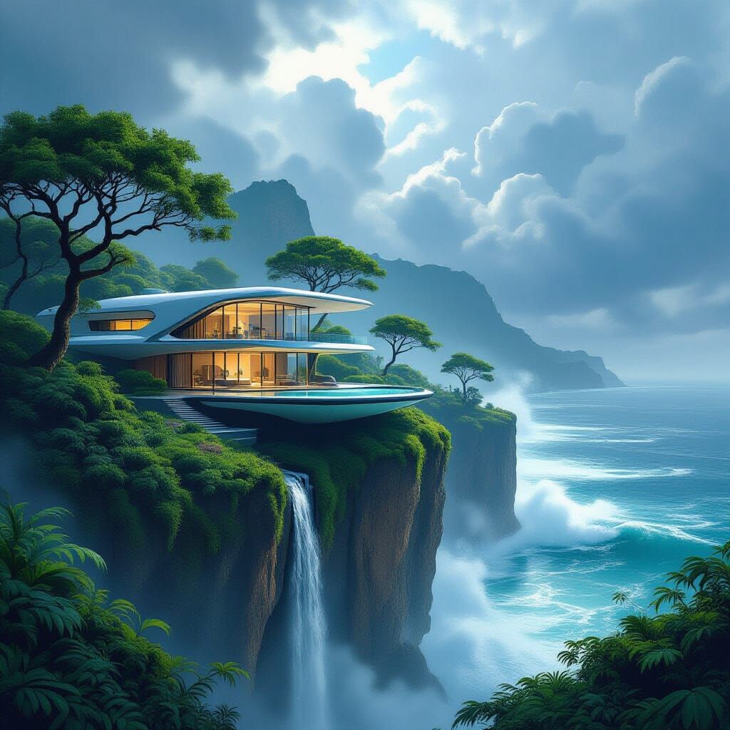 Futuristic Cliffside House Overlooking Stormy Ocean