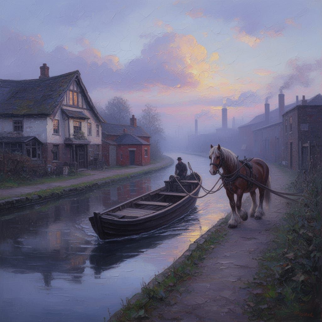 Horse-Drawn Barge on Misty Industrial Canal