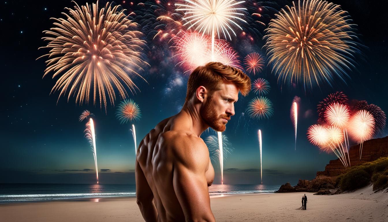 Redheads Celebrate New Year on Beach Under Fireworks