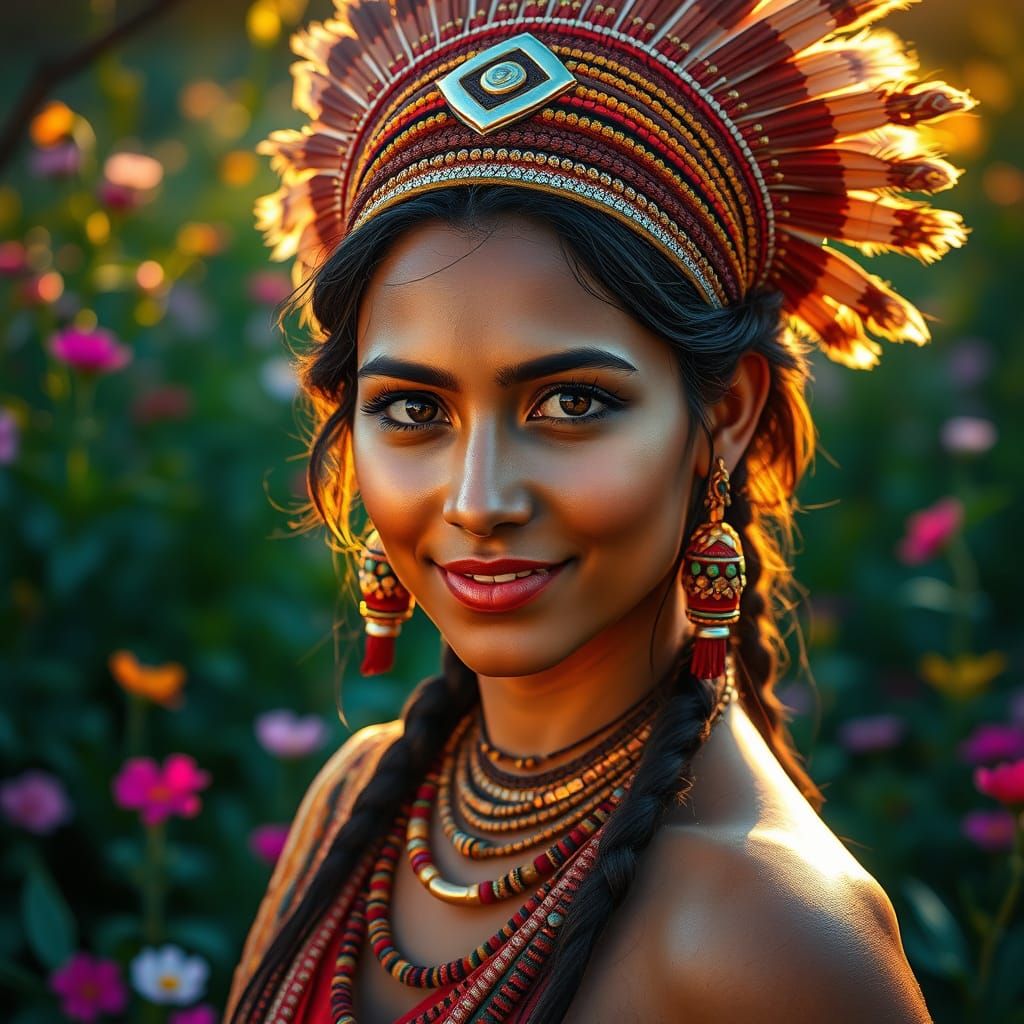 Indian Tribal Goddess in Vibrant Spring Garden