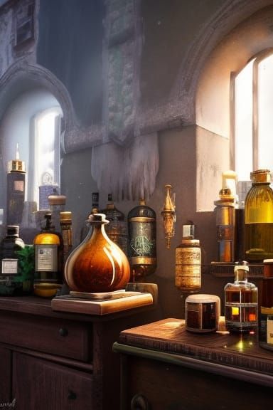 Hidden Apothecary with Vintage Potions and Golden Light
