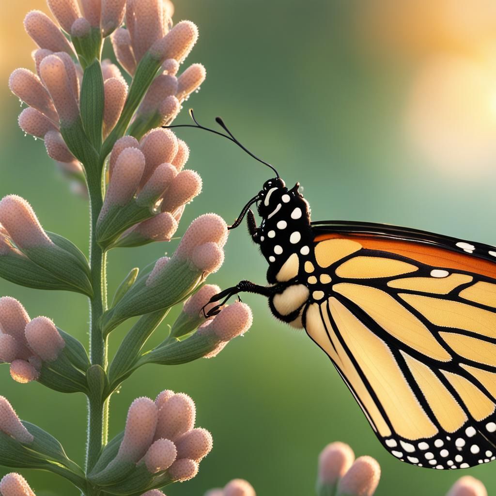 Monarch Butterfly on Milkweed, Sunrise Garden, 3D Rendering
