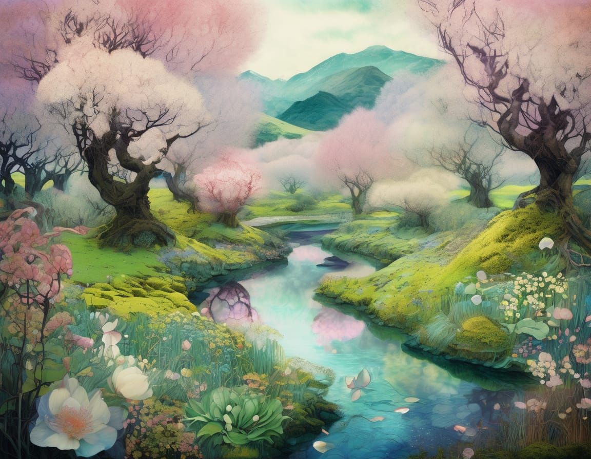 Vibrant Spring River Landscape in Fantasy Art Style