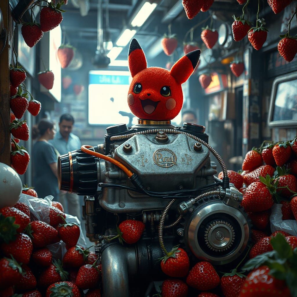 Punk Engine: A Strawberry-Themed Pokémon Surreal Scene