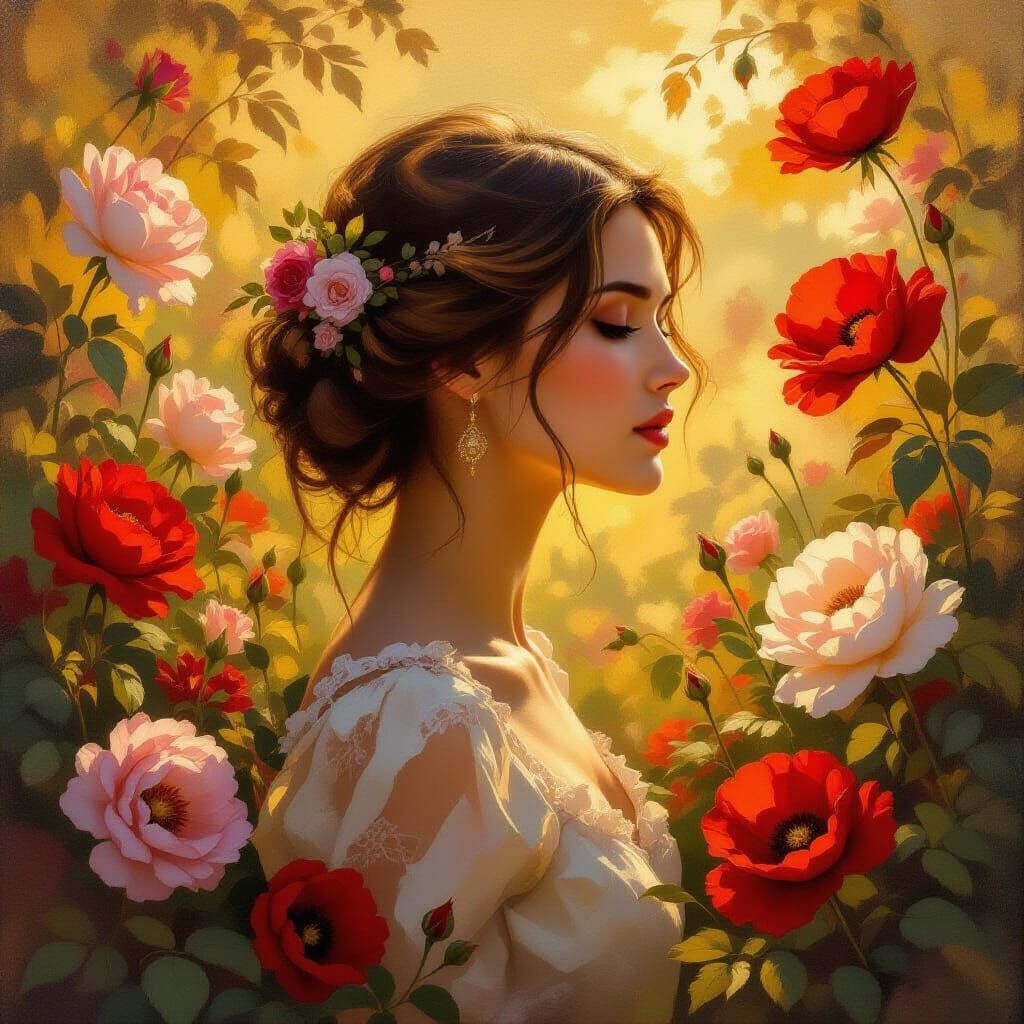 Romantic Oil Painting: Woman's Profile Amidst Lush Flowers