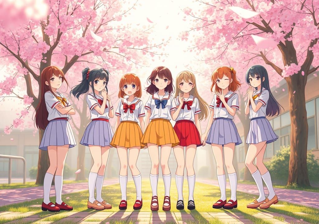 Anime Girls in Cherry Blossom Schoolyard: Manga Style