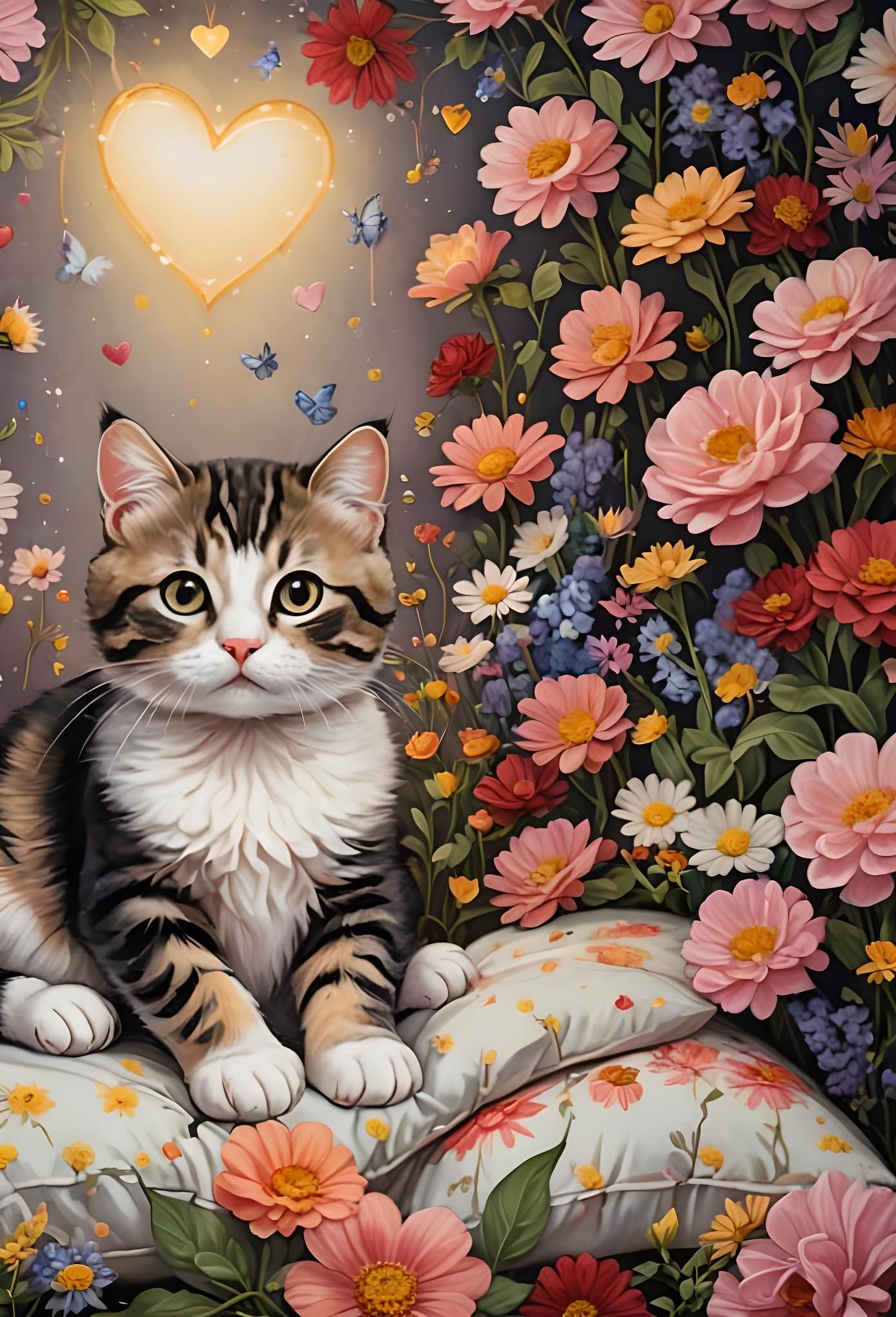 Cat Surrounded by Flowers in Visionary Art Style