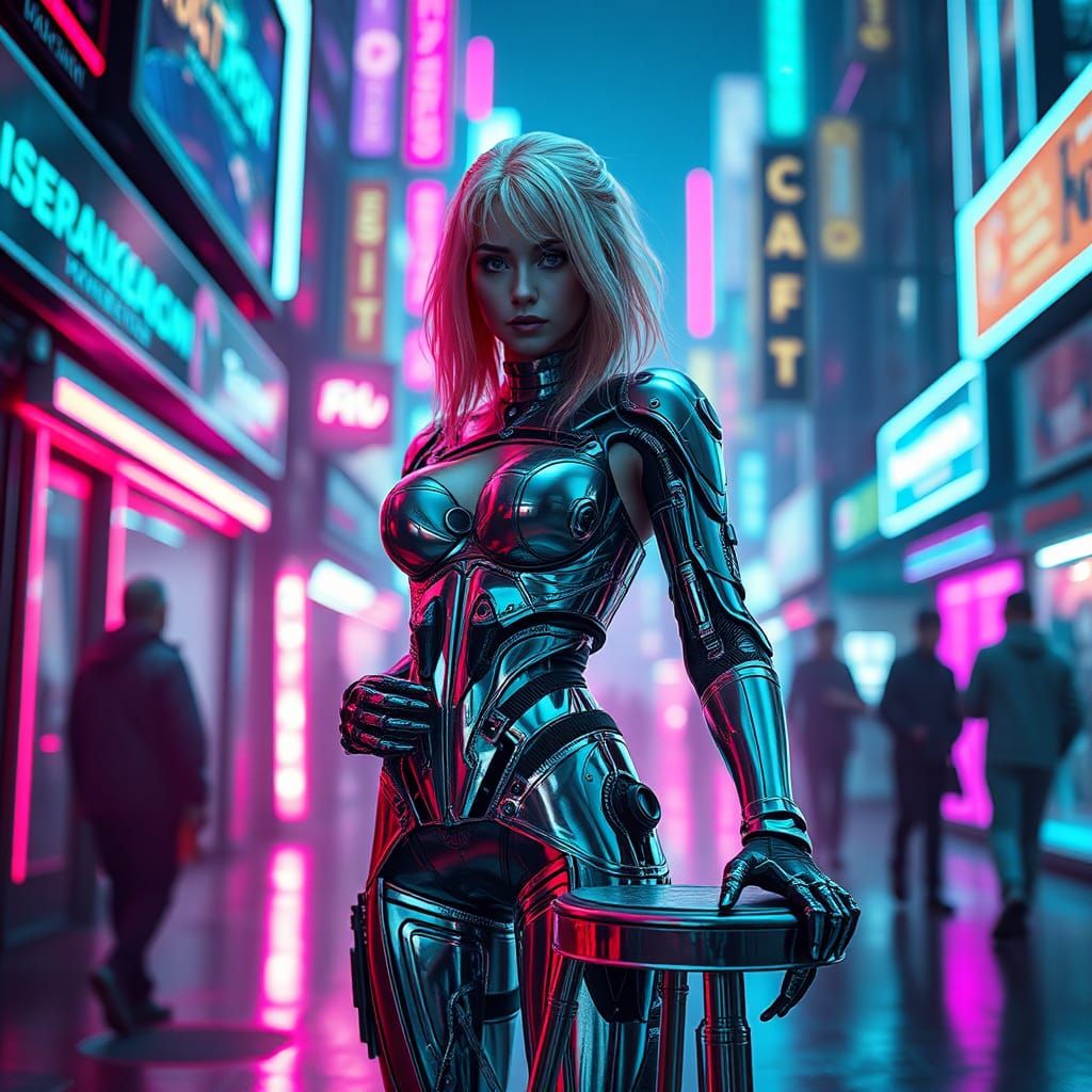 Cyberpunk Cyborg in Neon Cityscape
