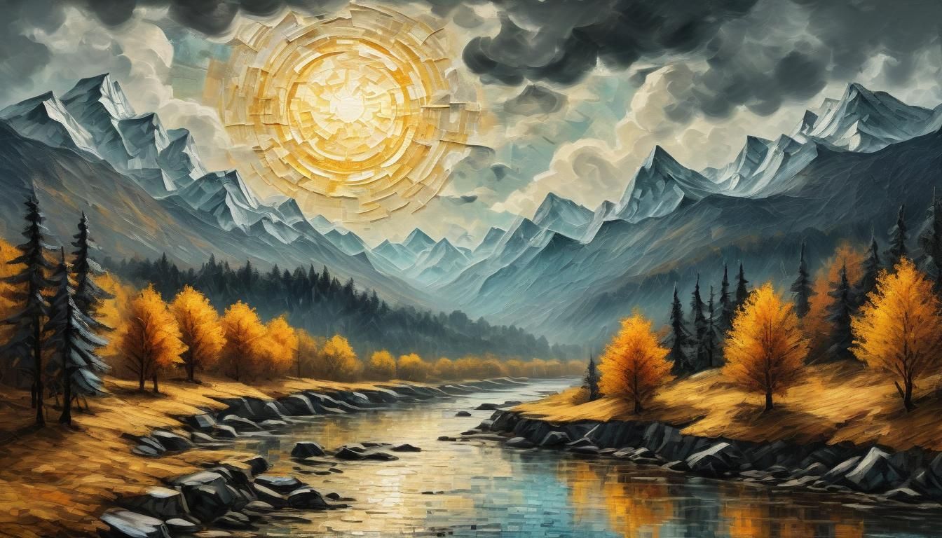 Radiant Sun Over Autumn Forest: Vintage Oil Painting