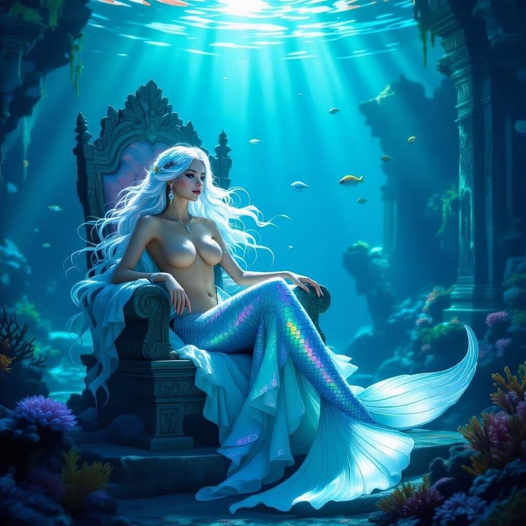 Mermaid Queen on Coral Throne in Bioluminescent Kingdom