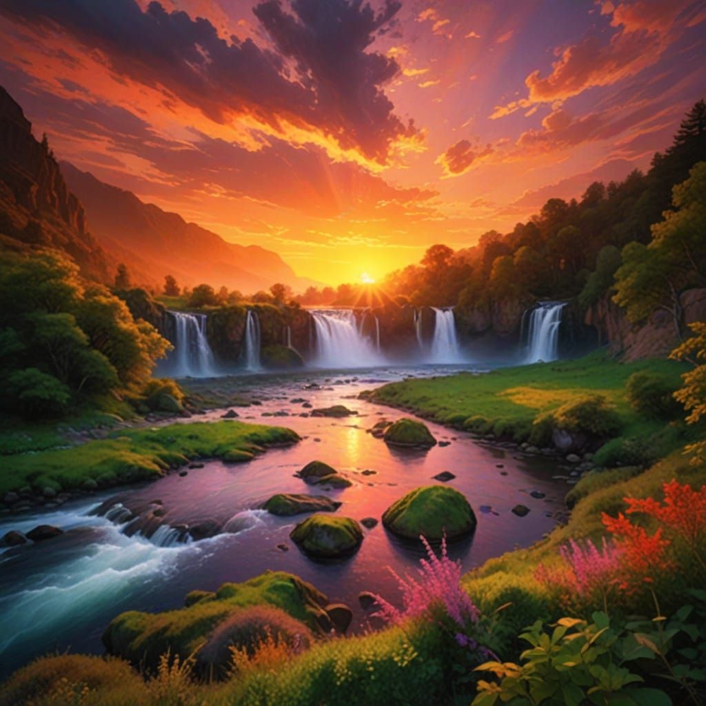 Serene Sunset Landscape with Majestic Waterfalls