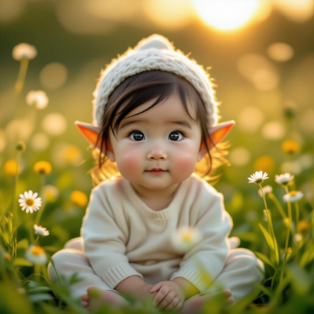 Elf Baby in Wildflower Field: Dreamy Portrait