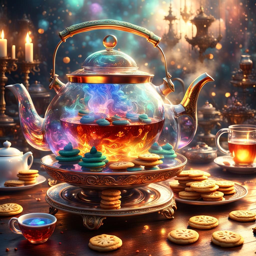 Iridescent Teapot with Hot Tea and Treats