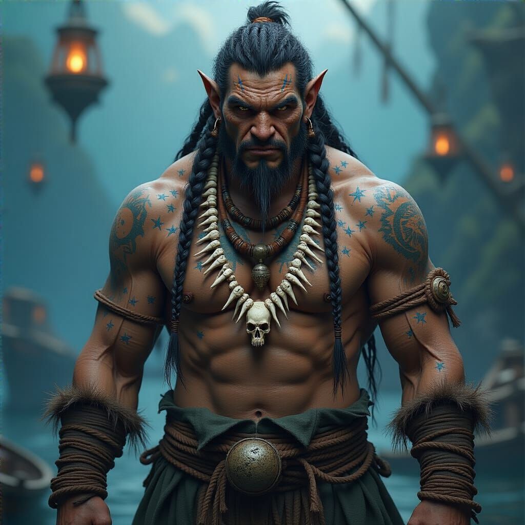Half-Orc Sea Nomad Chieftain in Dark Fantasy Style