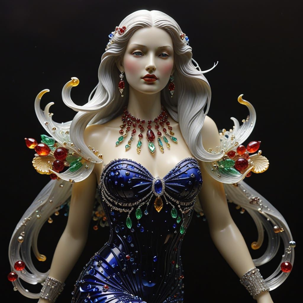 Ethereal Lalique-Inspired Glass Sculpture with Precious Jewe...
