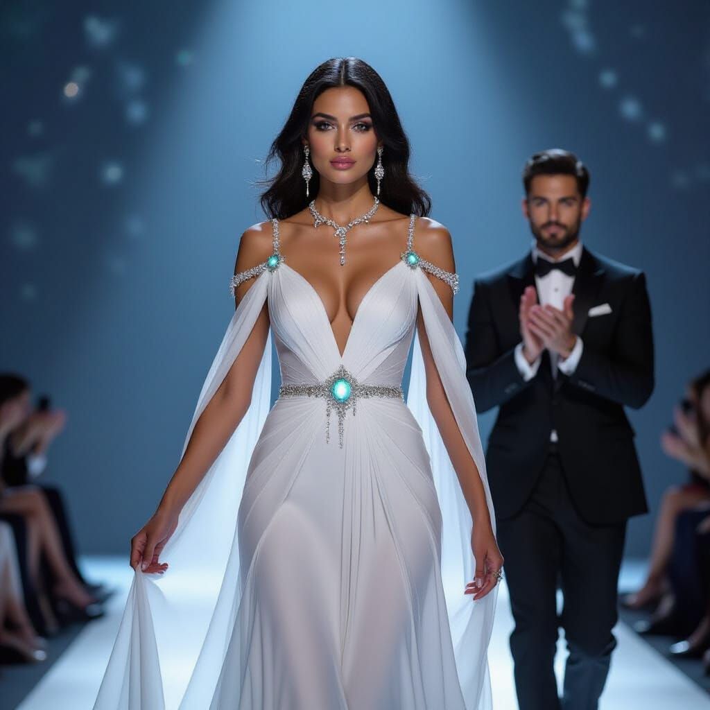 Ethereal Woman in Glowing Dress on Stage