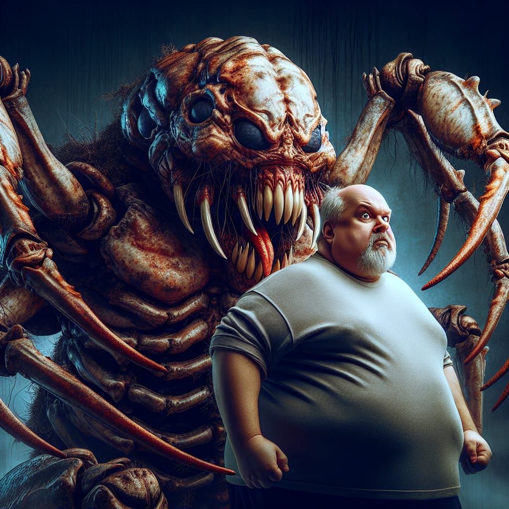 Terrified Man Confronts Grotesque Insect Monster