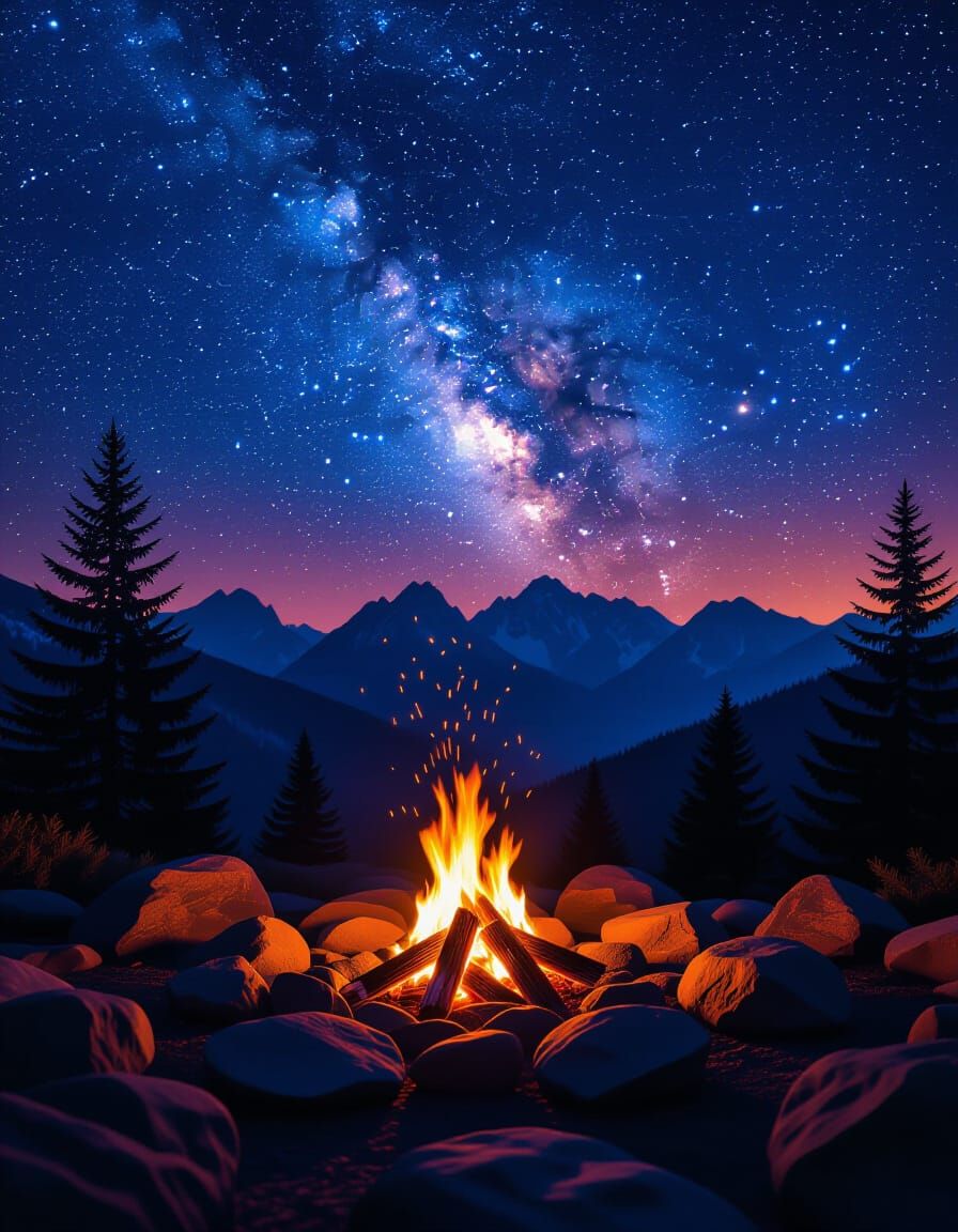 Glowing Campfire Under Starry Mountain Sky