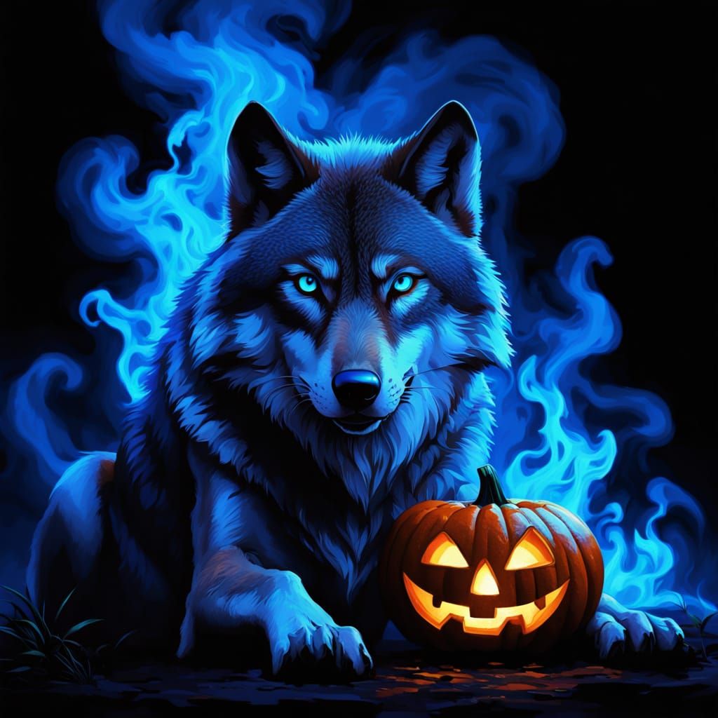 Majestic Wolf Beside Fiery Jack-o'-Lantern with Dark Entity