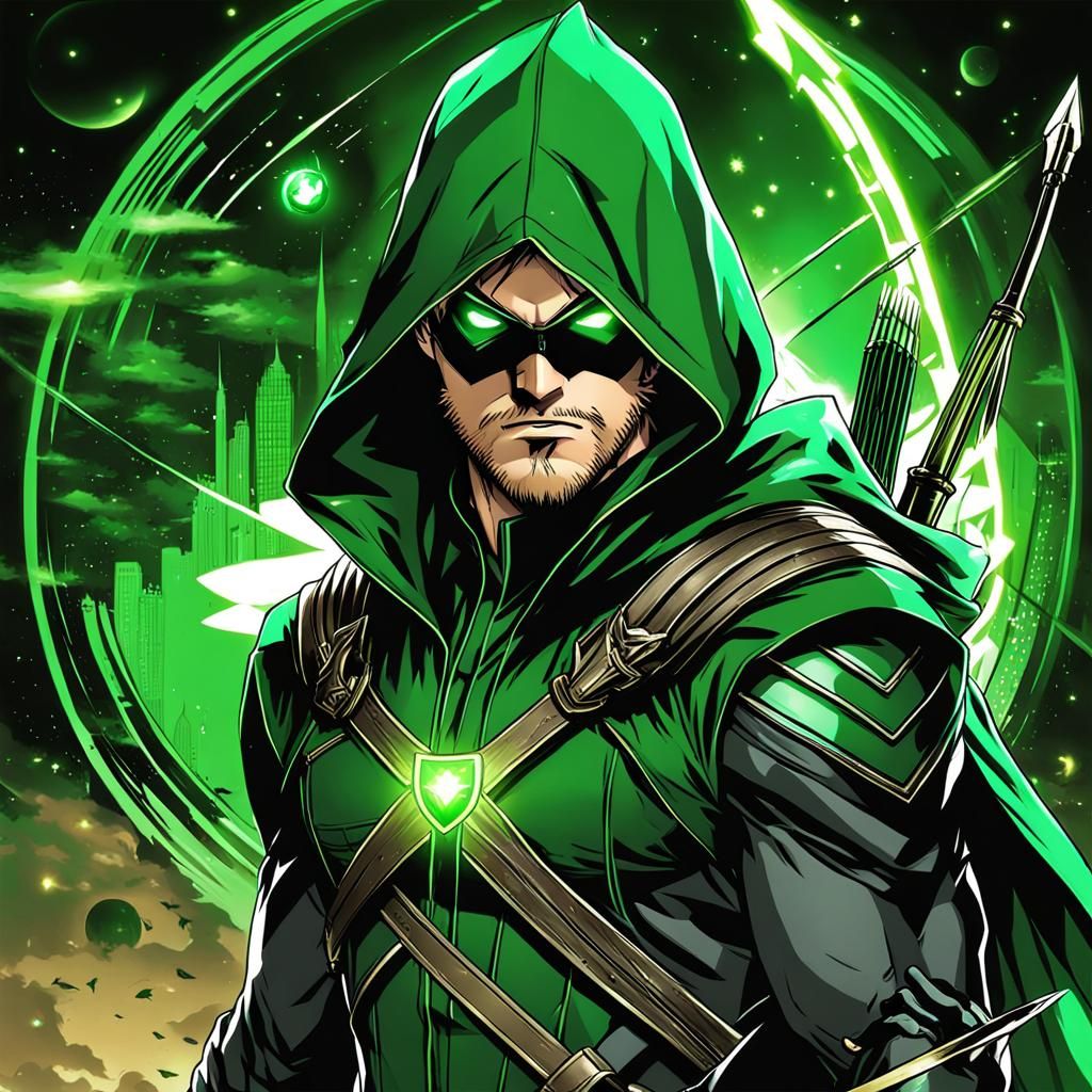 Green Arrow in Anime Style with Glowing Eyes