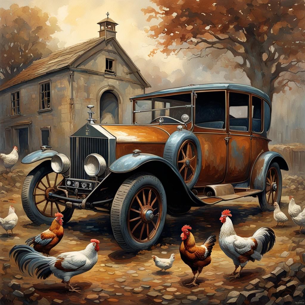 Rusting Rolls Royce in Farmyard, Doré Style
