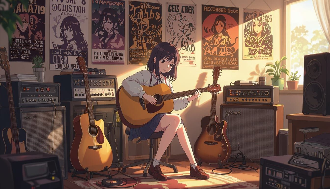 Lofi Anime Girl's Inspiring Music Room in Digital Art