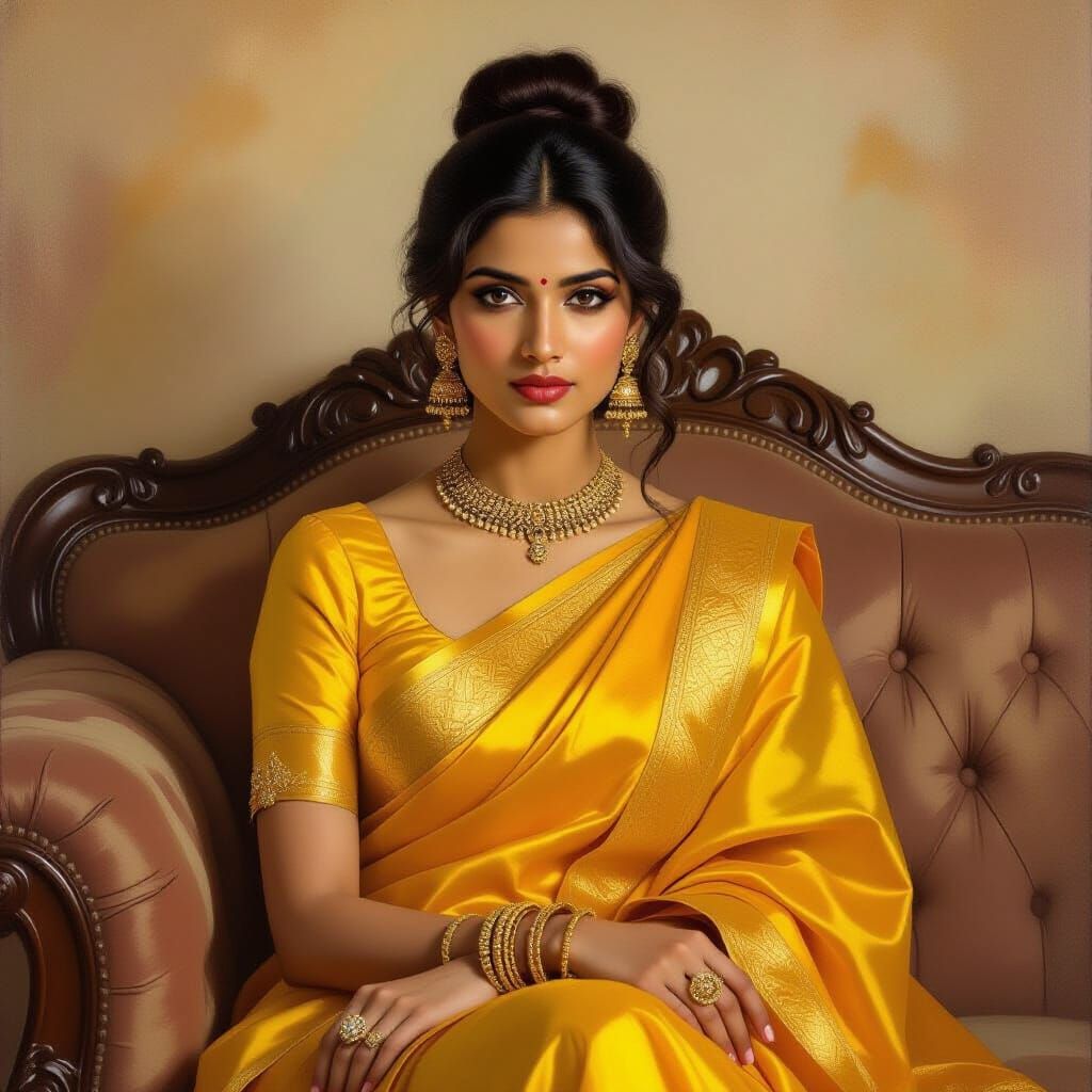 Elegant Indian Woman in Yellow Sari on Sofa