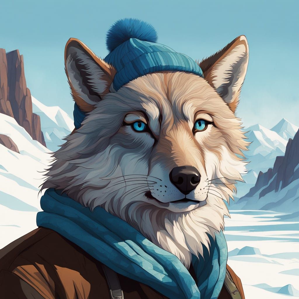 Majestic Arctic Wolf in Earth-Toned Avatar Hat, Digital Pain...