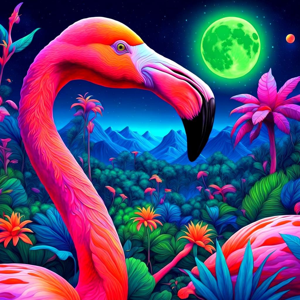Psychedelic Flamingo Explodes with Neon Colors in Cosmic For...