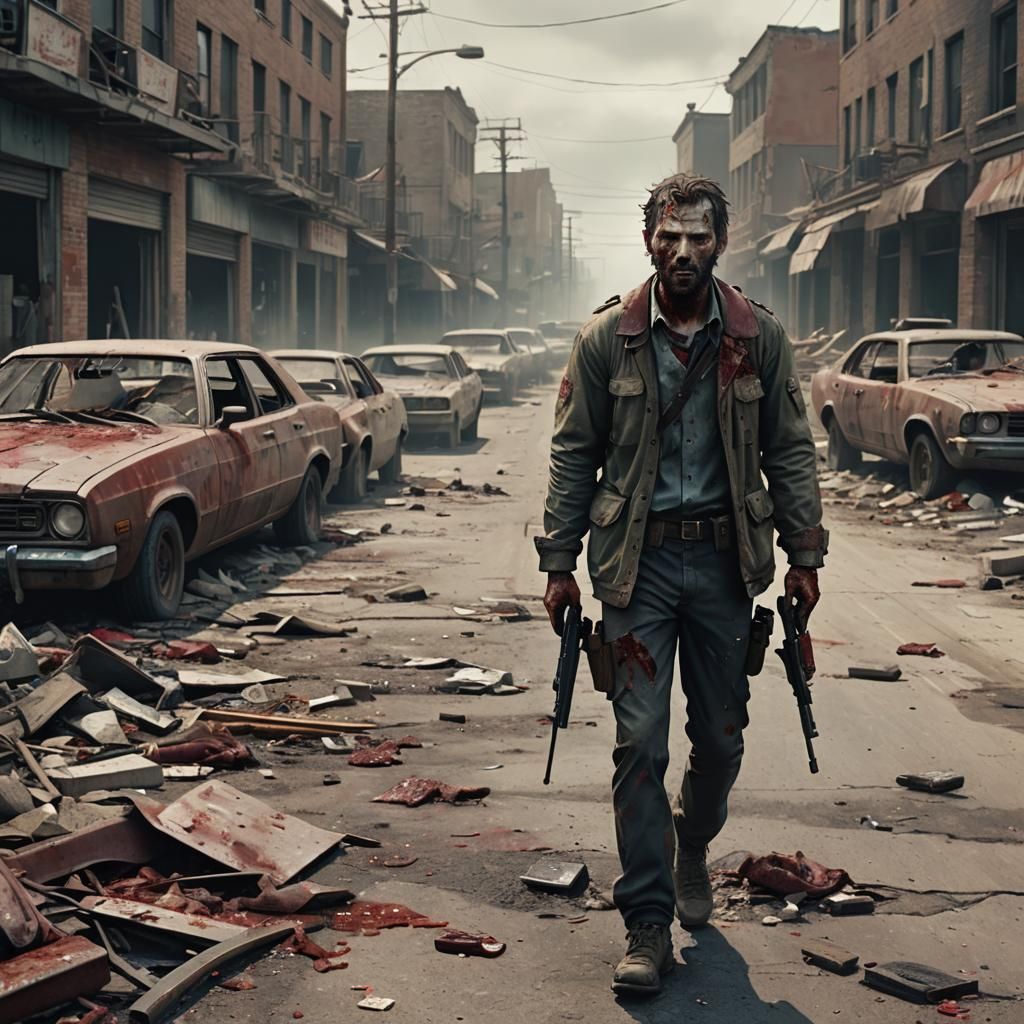 Zombie Apocalypse Survivor in Desolate Landscape