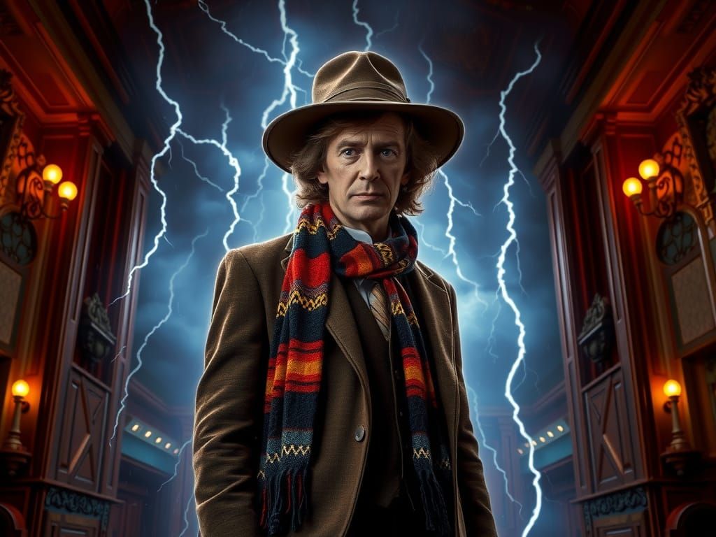 Doctor Who Amidst a Cyberpunk Thunderstorm