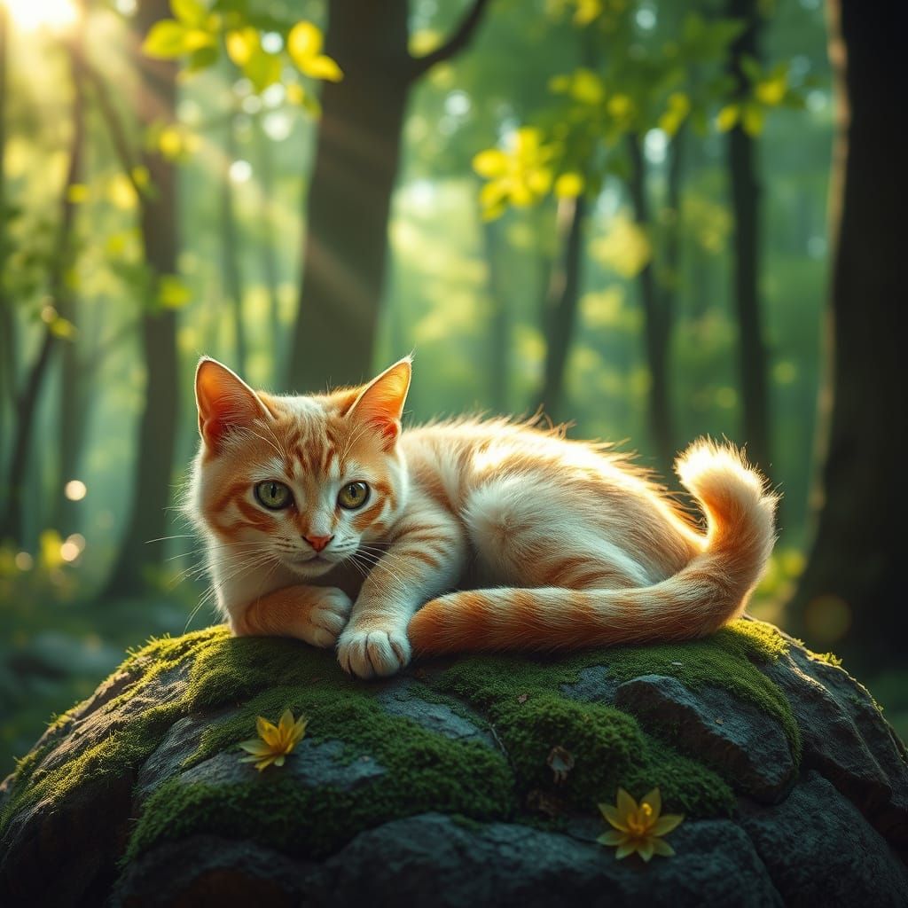 Magical Cat in Glowing Forest, Photorealistic Style